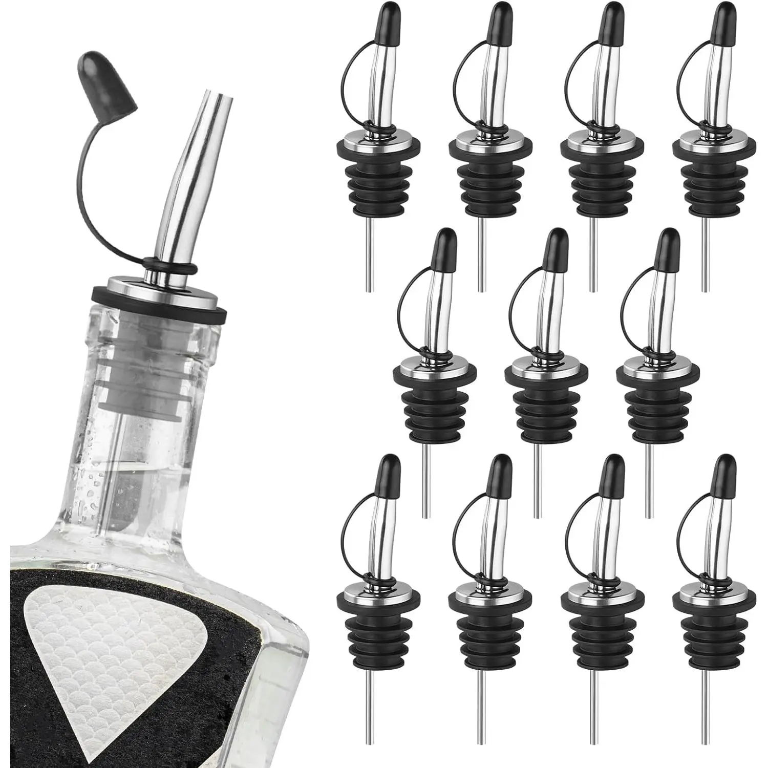 12PCS Leakproof Stainless Steel Speed Tapered Pour Spouts with Dust Caps - Home Bar Tools for Liquor Bottles, Kitchens Cocktails, Liquor/Olive Oil/Alcohol Dispenser Accessories