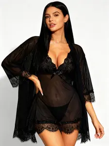 RSLOVE Women's 3-Piece Summer Lace Lingerie Set - Adjustable Tummy-Friendly Babydoll Robe, Fitted V-Neck Camisole, Thong, Elegant Sleepwear/Loungewear, Sensual Birthday Gift for GF, Hand Washable