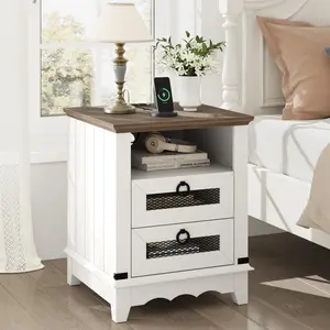 【GARVEE】Nightstand Farmhouse Side Table 24" inch End Table Industrial Bed Side Table with Charging Station Night Stand 2 Drawers Open Cubby Wood Sofa Side Table Living Room Bedroom