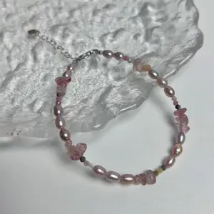 PEARLISM Pink real pearl beacelet with pink crystal.Full string beads bracelet.(4-5mm)-JFDB022