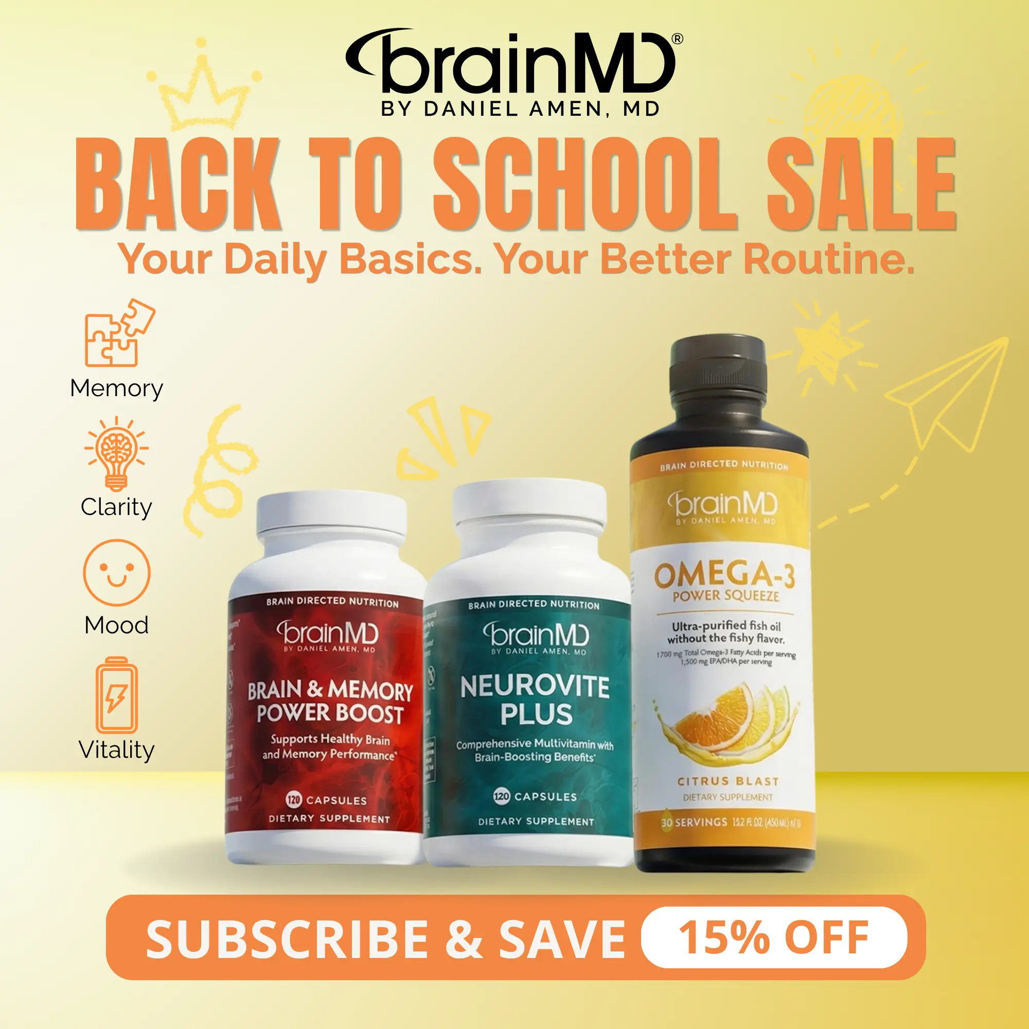 Daily Essentials with Squeeze | BrainMD | 3-in-1 Brain Health Bundle | Memory, Focus, Mood & Energy Support | Omega-3 + Multivitamin + Phosphatidylserine