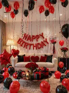 39PCS Red & Black Happy Birthday Balloon Set – Self-Sealing Foil, Latex Balloons, Heart-Shaped Balloons, Rose Petals, DIY Party Decor with Glue
