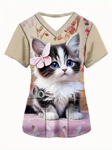 Casual Nurse Uniform Top, V Neck Design, Short Sleeve Style, Durable and Comfortable Fitted Fit, Ideal for Care Professionals, Cute Cat Print