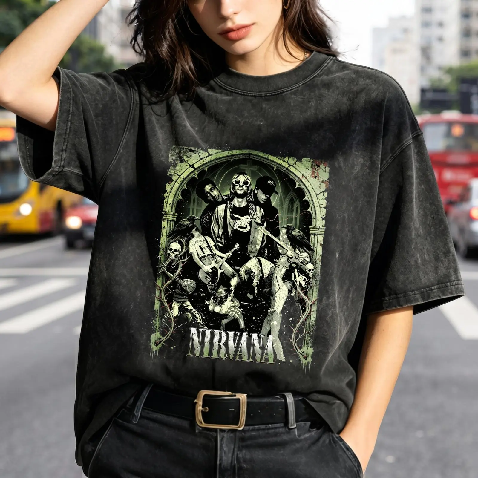 Nirvana Band Print Women's Vintage Washed T-Shirt Nirvana Band Gothic Art Print Oversized Graphic Tee Outdoor Casual Short Sleeve