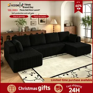 [2Packs Shipped] Niccae U-Shaped Modular Sectional Sofa Couch, Reversible Compressed Corduroy Fabric, Modern Sofas Couches for Living Room, Space-Saving Recliner Convertible Sofa Bed (2 or 3 Packages Shipped), Reversible Sectional Sofa
