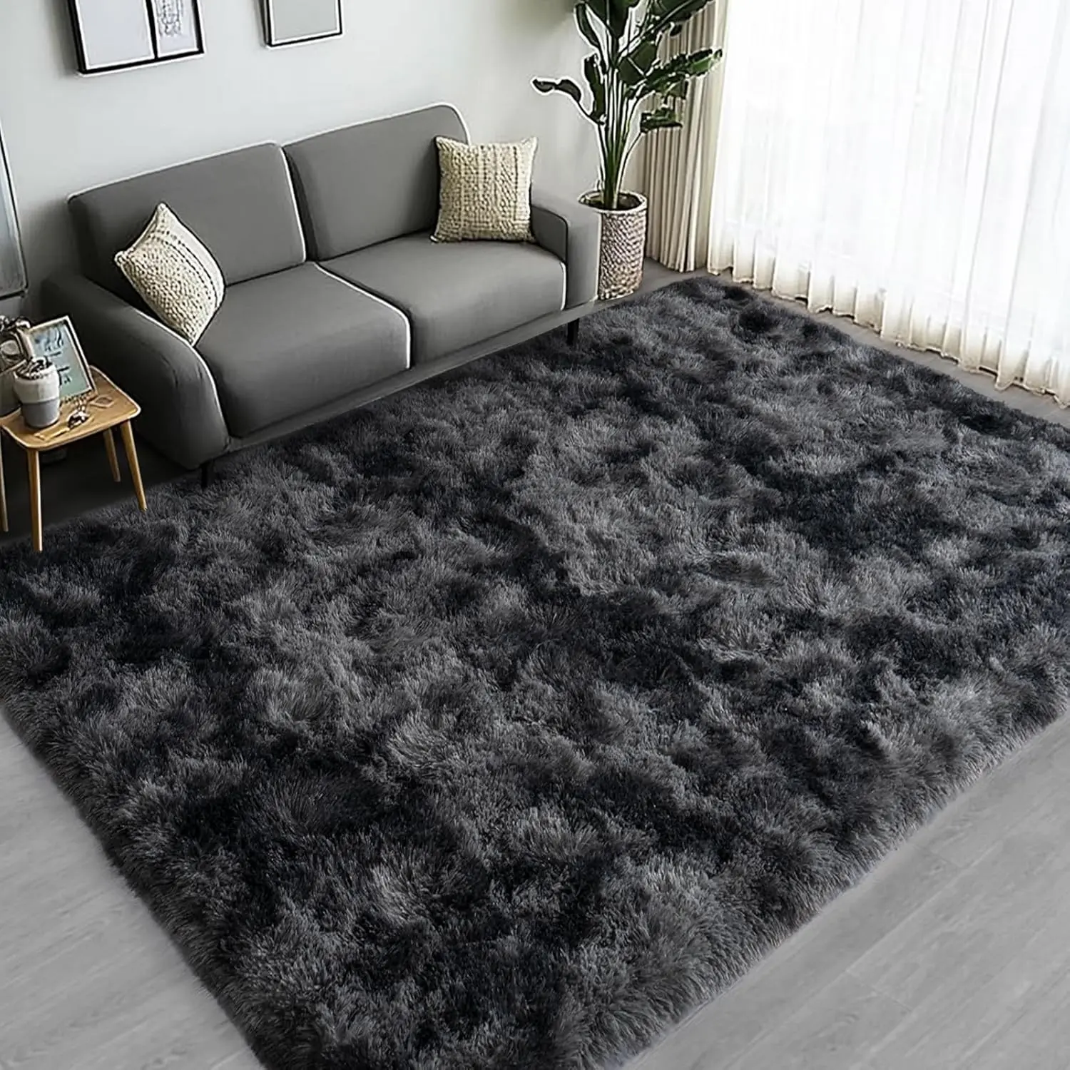 GTHREED Tie-Dyed Black Gray Microfiber Cotton Shag Rug - Ultra Soft, Non-Slip, Durable 3D Fluffy Area Rug for Bedroom, House Decor, Aesthetic & Modern Home Decor Indoor Carpet