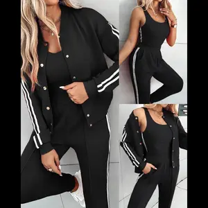 Women's 3 Piece Outfits Matching Sets Striped Tape Patch Tank Tops Button Front Jacket Cuffed Pants with Pockets Tracksuit Comfort Womenswear Athletic Baseball