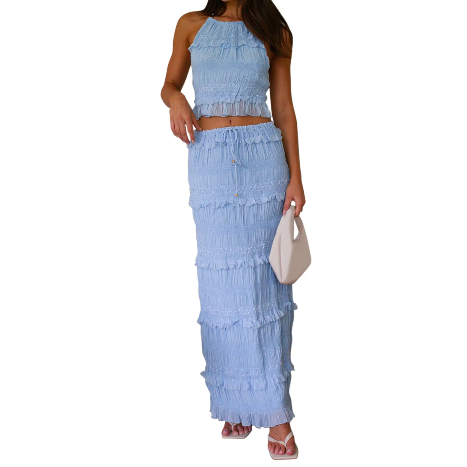Women's 2-Piece Halter Neck Ruffle Crop Top & Maxi Skirt Set, Polyester Shimmer Sequin Lightweight Vibe Outfit, Smocked, Lady, Matching, Beach, Bohemian, Clothes, Sleeveless, Subtle Sequin Glow, Bag, Fabric, Multi-Color, Polyester Fabric
