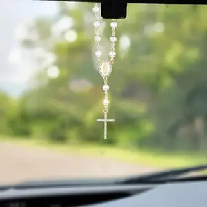 1pc Elegant Imitation Pearl Virgin Mary Cross Rosary Beads Pendant, Rearview Mirror Car Pendant Hanging Accessory, Car Interior Decoration, Legal Requirements for Rearview Mirror Accessories, Car Ornament