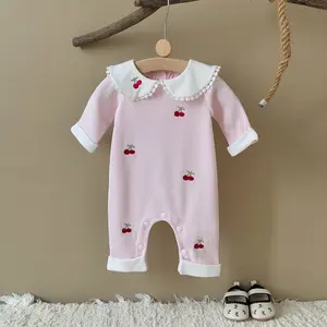 Spring & Autumn New Baby Clothing Exquisite Cherry Embroidery Pink Cute Doll Collar Loose Fit Adorable Infant Romper