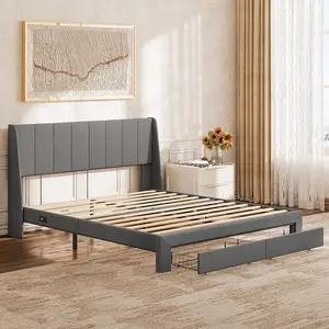 Sweetcrispy Bed Frame with Linen Tufted Upholstered Headboard, Underbed Storage Drawer, Charging Station