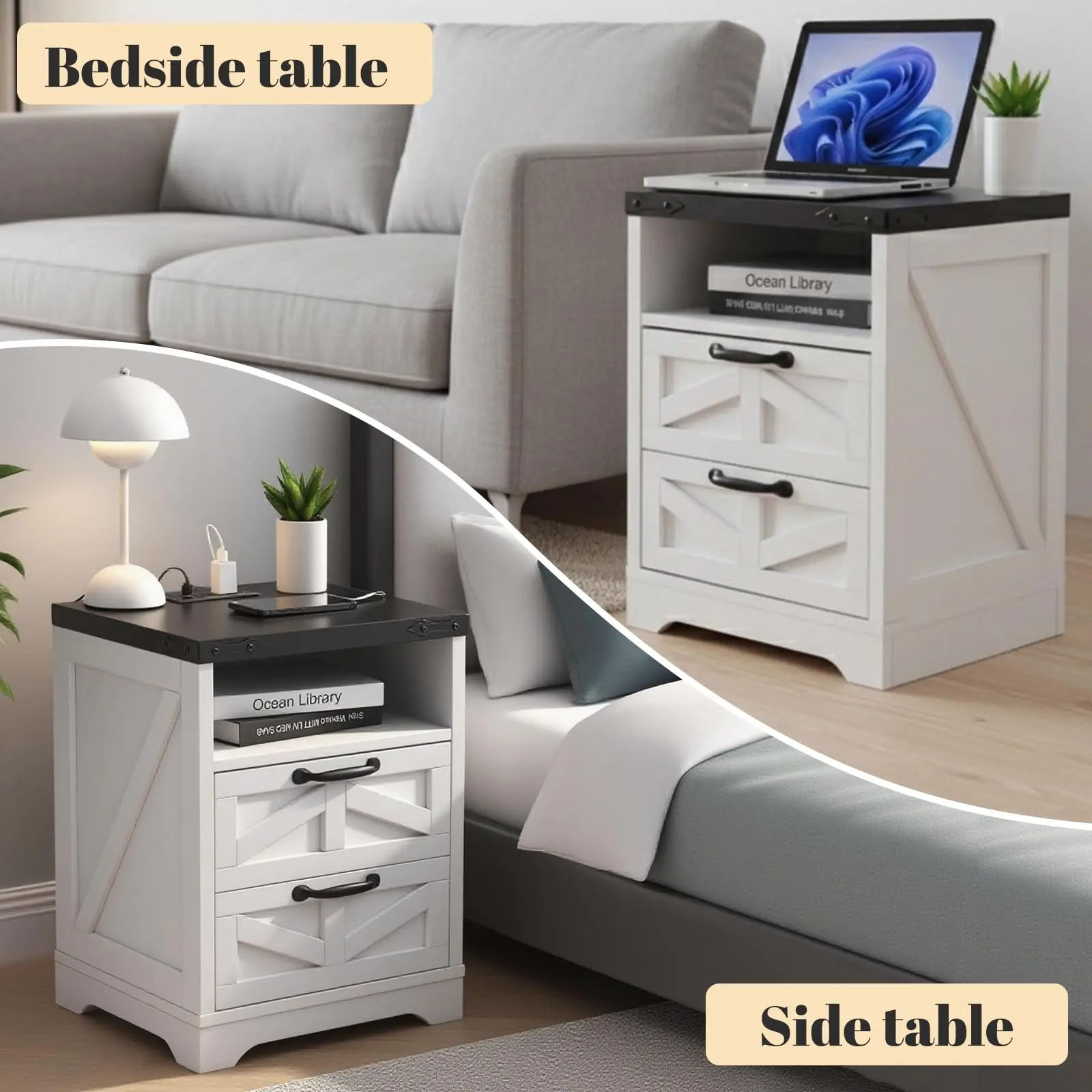 White 2-Drawer Farmhouse Industrial Bedroom Side Table - Sturdy Engineered Wood Indoor Furniture with Charging Station, 2 AC Outlets, USB Ports, Storage, Assembly Required