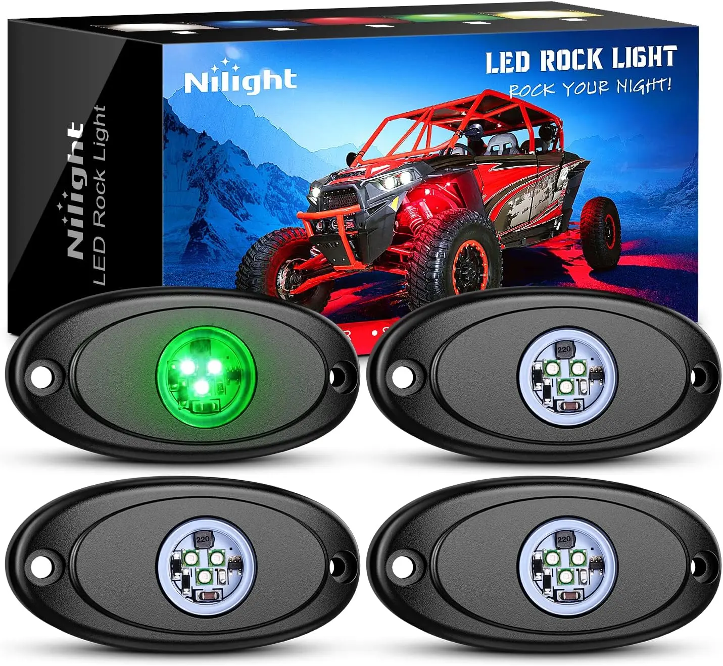 Nilight 4PCS Green LED Rock Light Pods - IP68 Rated Heat-Dissipating Aluminum Underglow Lights for Vehicle, Golf Cart, ATV, Motorcycle Underbody & Wheelwell Highlight, Ideal Father's Day Gift