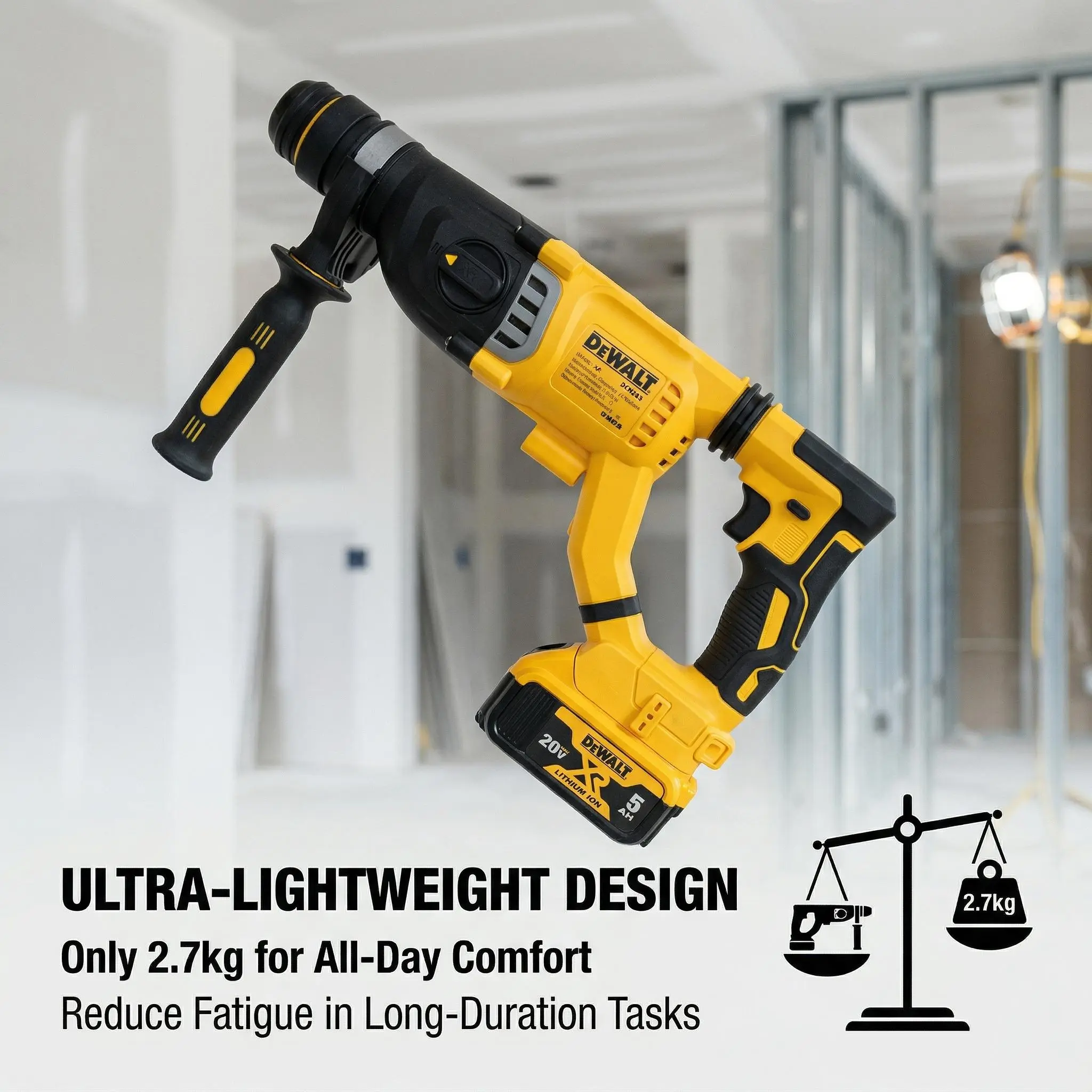 Dewalt DCH263 20V Max Xr Brushless SDS-Plus Rotary Hammer 3J Impact Energy 3 Working Modes Drill Hammer Drill Chisel Active Vibration Control Low Vibration 9.1M/S² Anti-Jam Clutch Bright Delay White Led Multi-Position Auxiliary Handle tool complete set