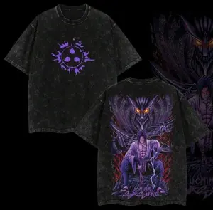 Oversized Retro Washed T-Shirt, Double-Sided Print with Sasuke Curse Mark Symbol & Full Susanoo Graphic, Unisex Casual Streetwear Tee for Men Women, Perfect for Outdoor & Daily Wear
