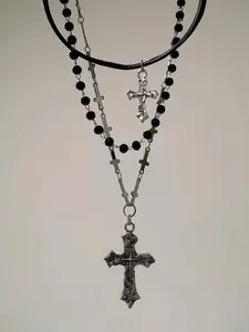 Gothic Dark Cross Leather Beaded Layered Drop Pendant Necklace, Vintage Punk Party Jewelry, Unique Women's Fashion Accessory, Bold Statement Piece, Gothic Mystery Jewelry, Accessory Beaded Chain
