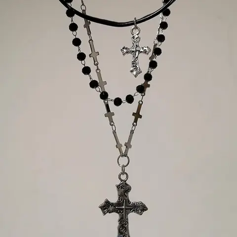 Gothic Dark Cross Leather Beaded Layered Drop Pendant Necklace, Vintage Punk Party Jewelry, Unique Women's Fashion Accessory, Bold Statement Piece, Gothic Mystery Jewelry, Accessory Beaded Chain, Grunge Cross Necklace, Cross Design Necklace