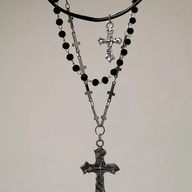 Gothic Dark Cross Leather Beaded Layered Drop Pendant Necklace, Vintage Punk Party Jewelry, Unique Women's Fashion Accessory, Bold Statement Piece, Gothic Mystery Jewelry, Accessory Beaded Chain, Grunge Cross Necklace, Cross Design Necklace