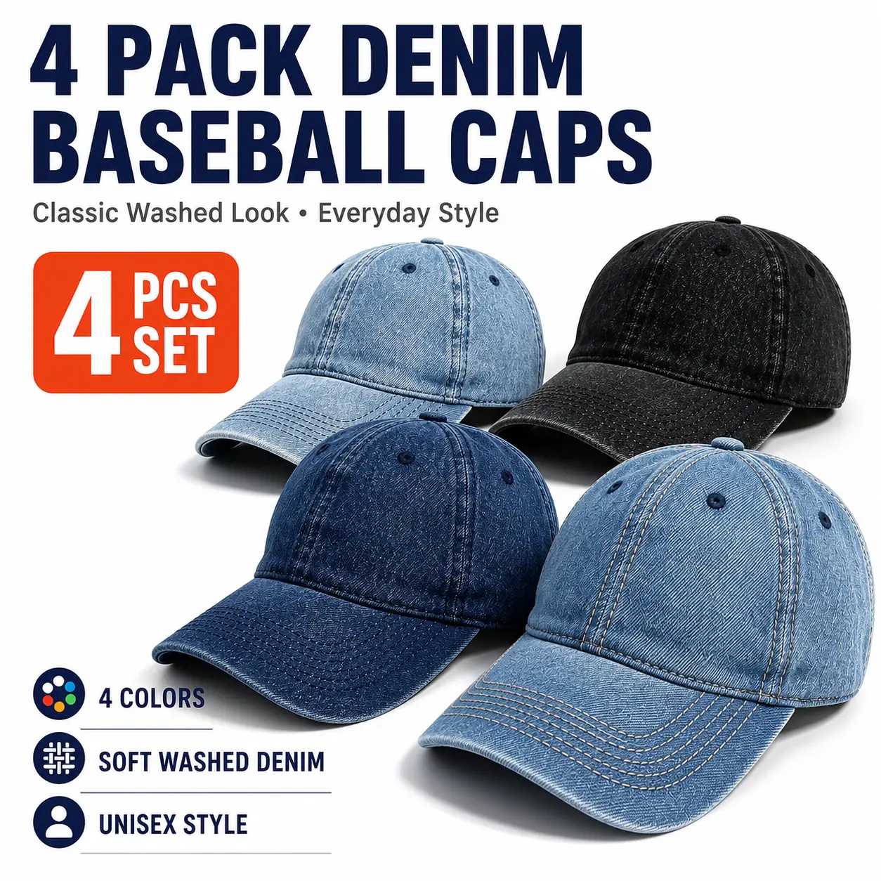 4 Pack Denim Baseball Caps for Men Women, Vintage Washed Dad Hats, Adjustable Unisex Casual Cap Set, Curved Brim Outdoor Travel Everyday Hats