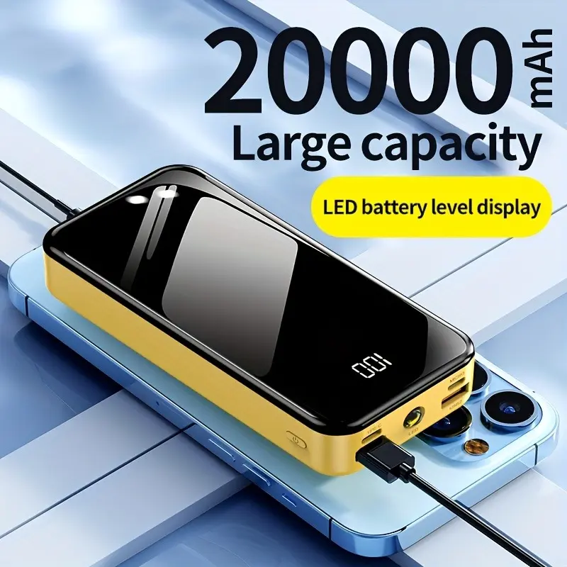 20000mAh High Power Portable Chargeable Power Bank, 2.1A Quick Charge 3.0 Fast Charging Travel Battery Pack with LED Light, Cable, USB Type-C Compatibility for Smartphones, Mobile Phones