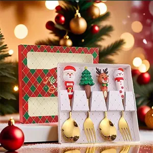 4-Piece Sturdy Reusable Stainless Steel Christmas Cutlery Set - Spoons,Forks with Christmas Tree,Santa,Snowman,Reindeer Designs,Luxury Gift Boxed - Ideal for Hotel,Office,Tea Shop Tea Stirring,Festive Dinners - Home,Party Use