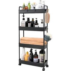 [New Deal] Slim Rolling Storage Cart with Wheels - 4 Tier Bathroom, Laundry Room, Kitchen & Office Organizer, Black Adjustable Racks Multicolor