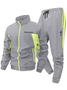 Cross Print Colorblock Patchwork Tracksuit for Men, Spring & Fall Quick-Dry Breathable Sports Set, Running Athletic Set, Windproof Jacket, Zip Up Coat Outwear Tops + Drawstring Elastic Waist Pants Trousers with Zipper Pocket, Sweatsuit with Pockets