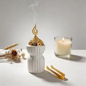 Minimalist White Ceramic Incense Burner with Golden Filigree Lid | Modern Home Decor for Living Room, Bedroom, Yoga & Meditation Spaces | Sleek Ribbed Texture Design