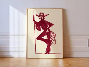 [SALE UP TO 50]Burgundy Cowgirl Line Art Print – Minimal Western Wall Decor