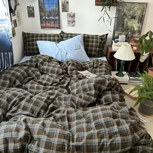 Vintage Buffalo Plaid Duvet Cover Set Queen Size - 3 Piece Washed Cotton Bedding Set with Grid Pattern, Soft & Breathable Duvet Cover with Pillowcases for All Seasons,(Brown & Blue,Beige)