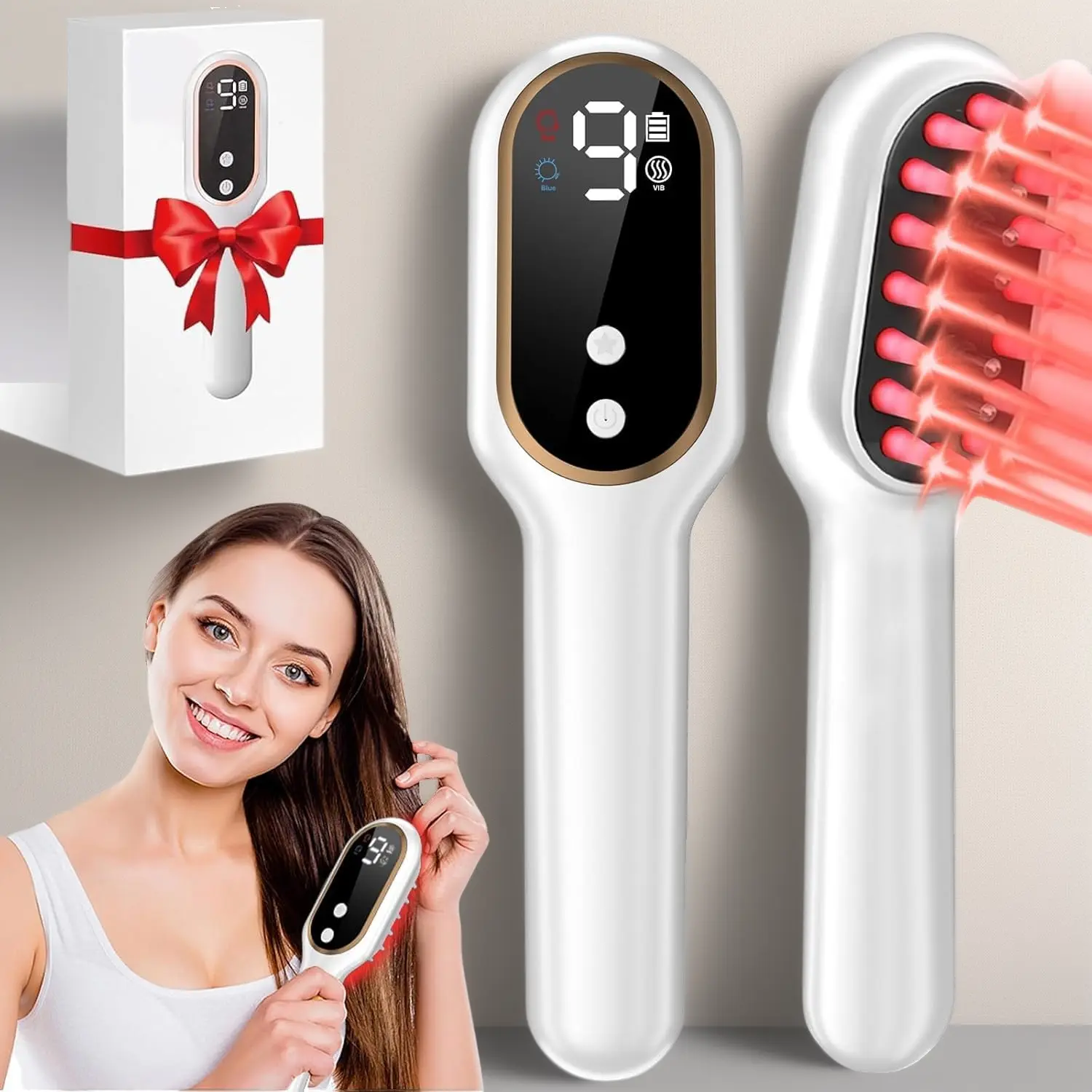 FDA Cleared 5-in-1 Laser Hair Growth Comb 650nm Red Light Therapy Rechargeable Scalp Massager for Hair Regrowth Thinning Hair Beige