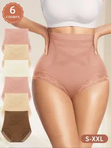 Women's Seamless High Waist Panties, Lace Trim, Adjustable Belly Control, Breathable Fitted Underwear, 6 Pack, All Seasons, High Waist Shaperwear