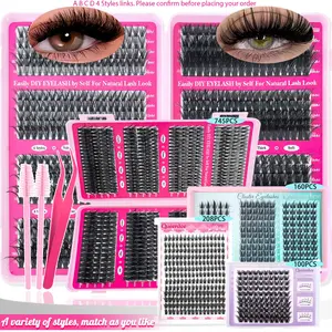 DIY eyelash extensions, 754/208/160/100pcs, individual lash cluster, with tweezers&2 brushes, Wet look/Spiky/Thick, mixed style 30D-150D, D curl,mixed leng, natural and dramatic false lashes, suitable for beginners, Daily, stage makeup,Mother's Day