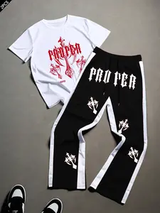 Men's T-Shirt & Patchwork Pants Set, Cross Letter Print Straight Leg Pants, Outdoor Casual Party Wear, Streetwear, All Seasons, Menswear