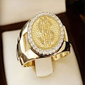 14k Gold Plated Hiphop Fashion Watch Shape US Dollar Style Cubic Zirconia Ring for Men, Suitable for Gala, Party, Halloween, Thanksgiving, Christmas and Daily Wear, Perfect Gift Choice