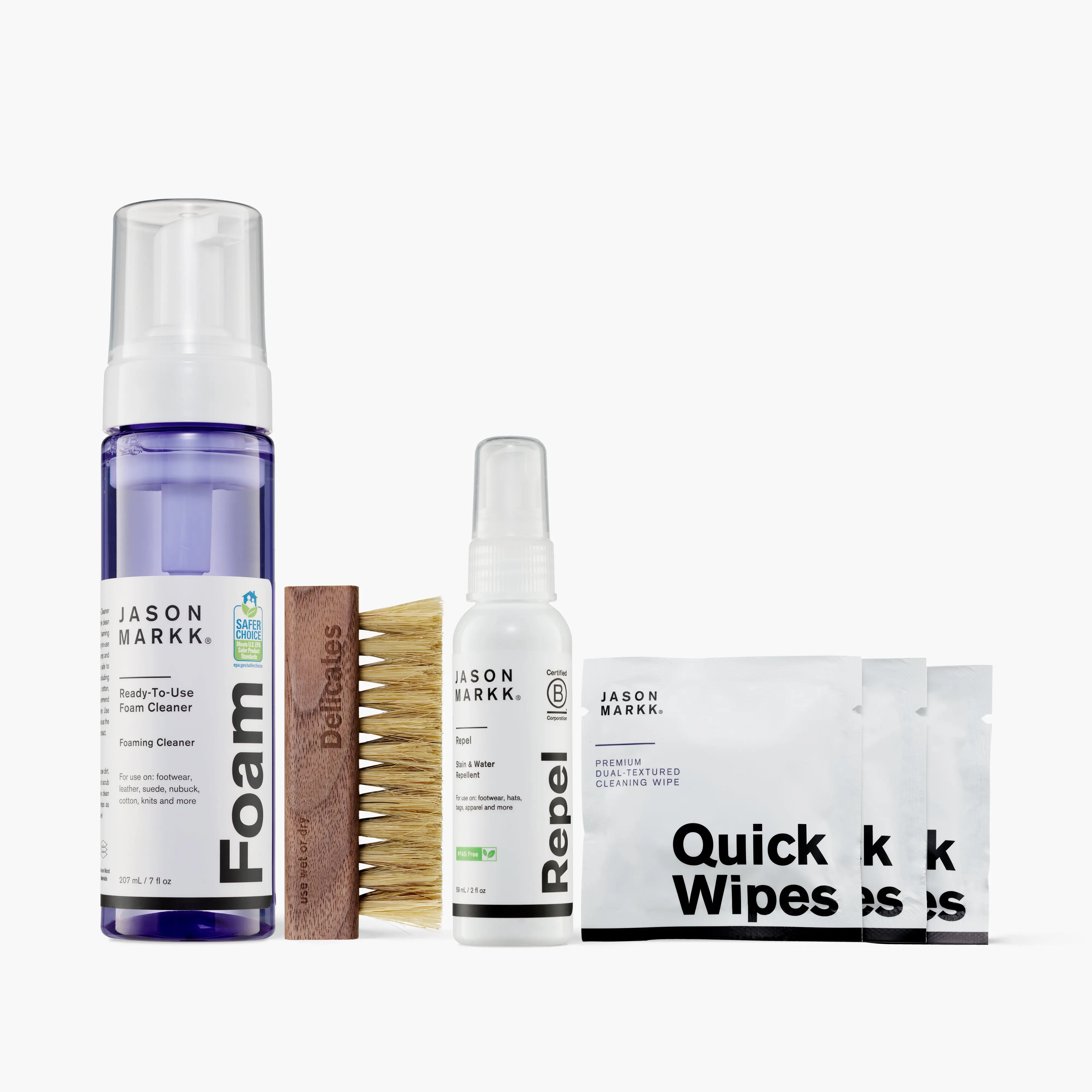 Jason Markk 4-Piece Shoe Care Kit for Leather, Suede & Canvas | Stain Removal Set with Conditioning Foam, 2 oz Suede Protector Spray, Brush & Wipes, Footwear Cleaner, Sneaker Cleaning Kit, Foam Cleaner
