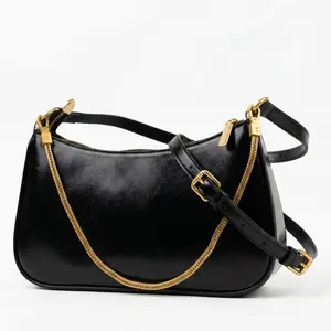 Noir Chain Curve Shoulder Bag – Black Minimal Leather Baguette with Gold Chain & Crossbody Strap