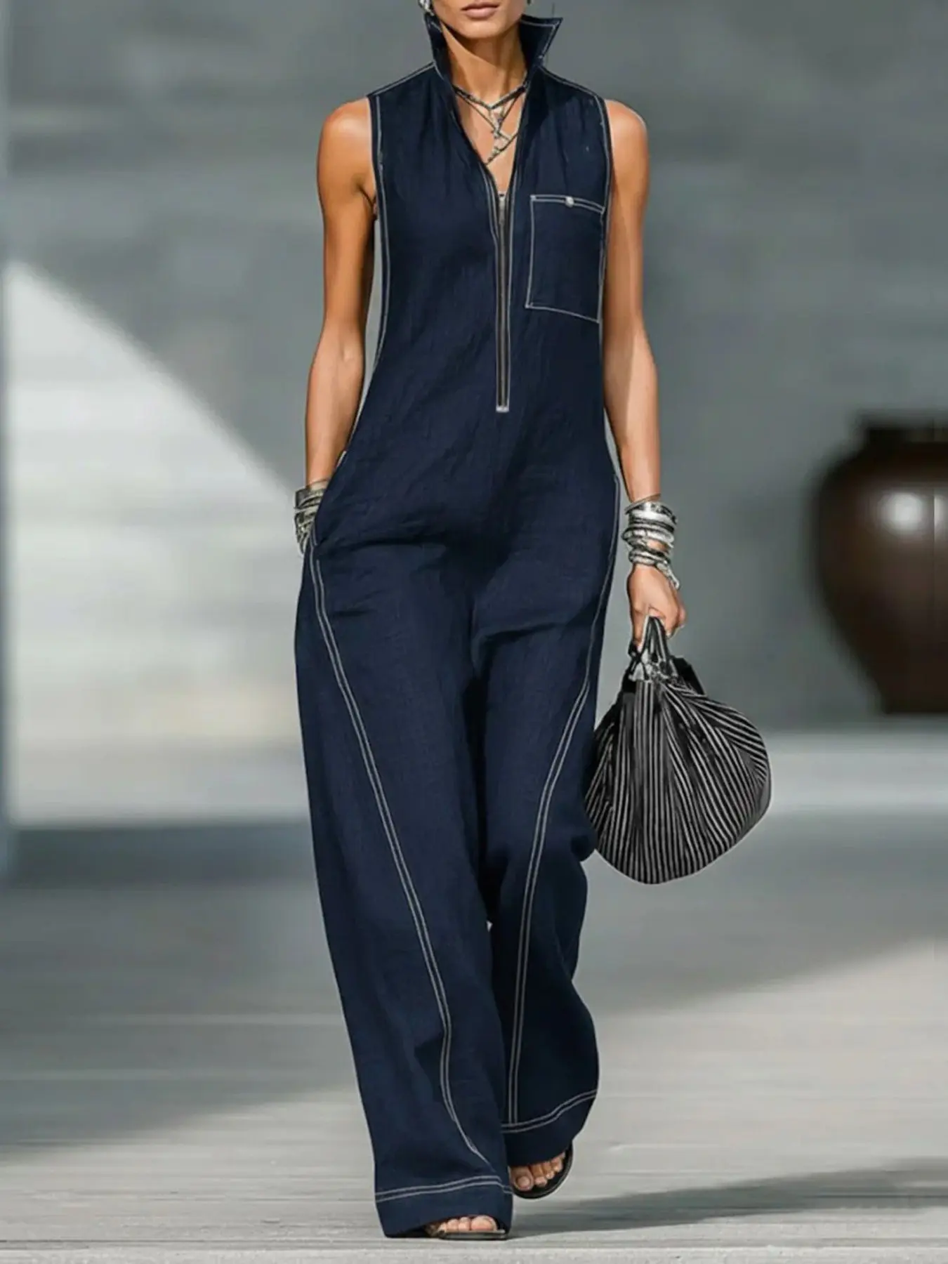 Women's Casual Style Loose-Fit Jumpsuit Overalls, Sleeveless Zipper Design, Solid Color, All-Season Wear for Office and Parties, Womenswear