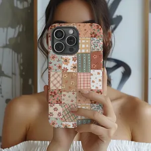 This durable, shock-absorbing, glossy 2-in-1 phone case features a beautifully patchwork floral and checkered pattern. It's compatible with iPhone 17, 15, 14, 13, 12, 11, X, and Samsung models, making it a perfect holiday gift for friends or family.