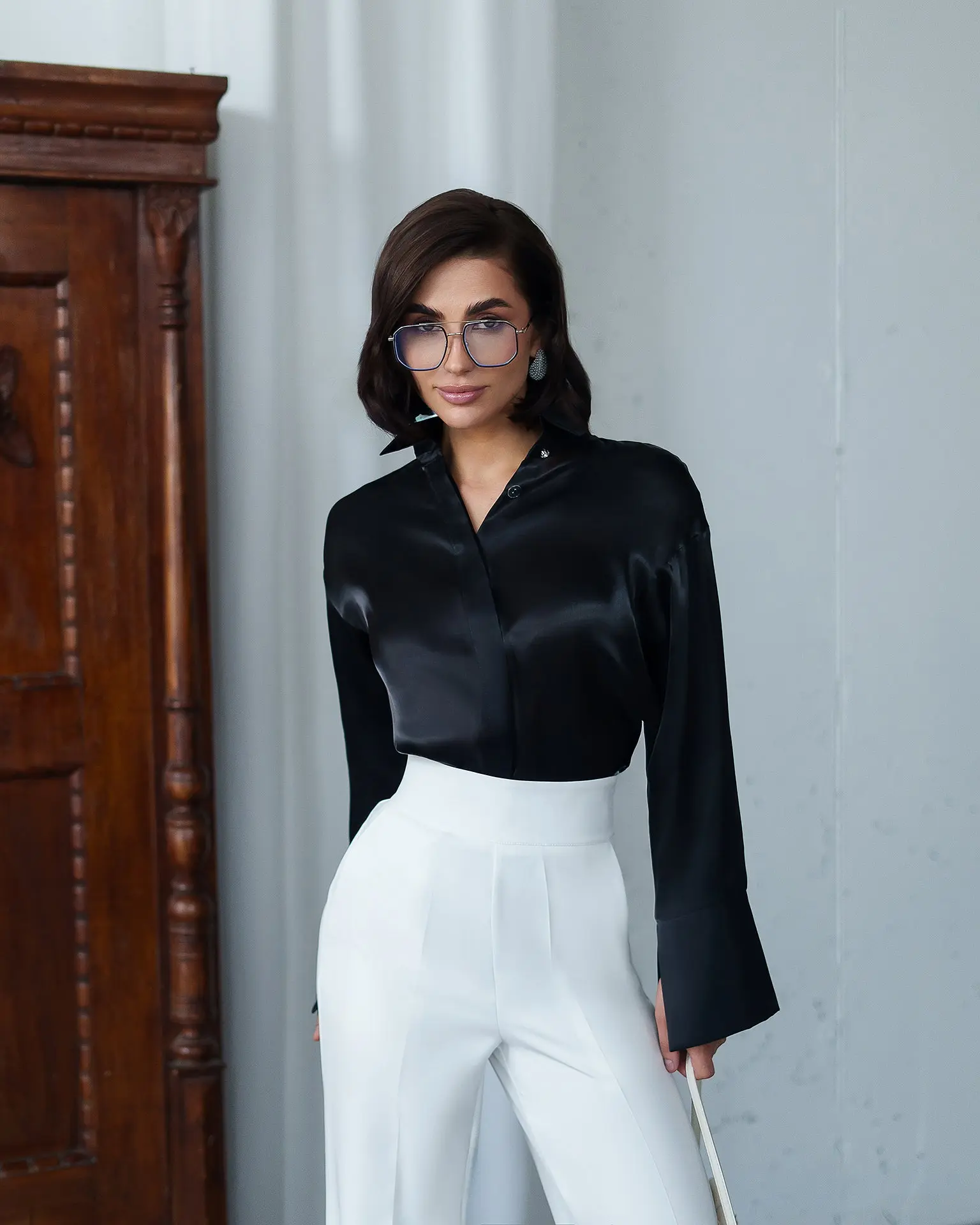Bella Black Organza Concealed Button-Up Blouse