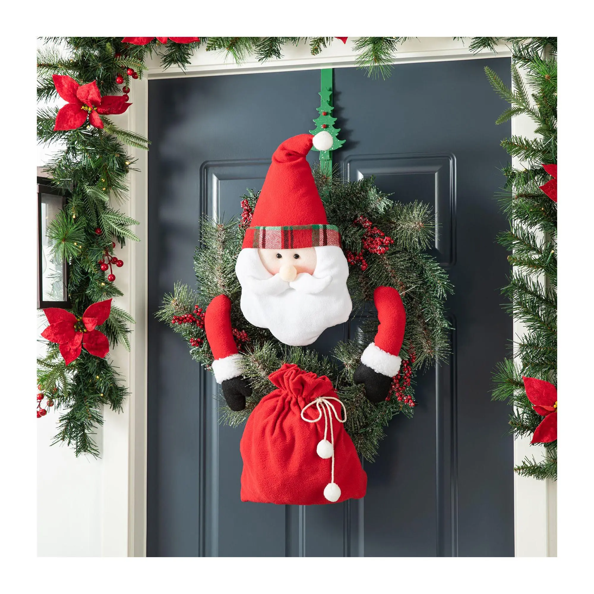 Glitzhome 20"H Fabric Christmas Santa Wreath Ornament