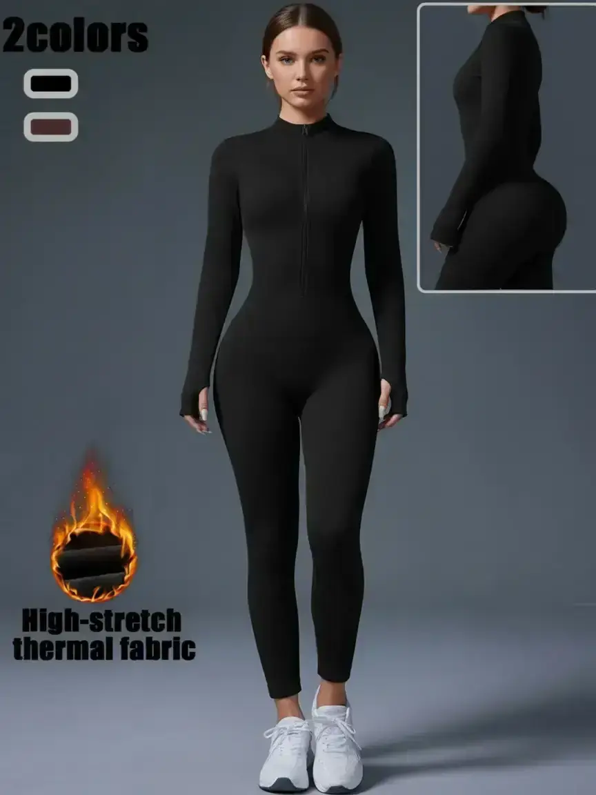 Women's Casual Long Sleeve Zipper Yoga Jumpsuit, Sports Jumpsuit, Workout Jumpsuit, Stretch Jumpsuit, Yoga Workout Jumpsuits, High Waist Slim Fit, Soft Nylon Spandex Fabric, No Padding, Ideal for Daily Wear