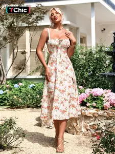 Women's Floral Print Lace Up Split Thigh Vintage Cami Dress, Boning Corset Milkmaid Dress, Boho Style Ruched Details Tie Front Sleeveless Midi Dresses Beach Holiday Vacation, Boho Sundresses, Bohemian Sleeveless