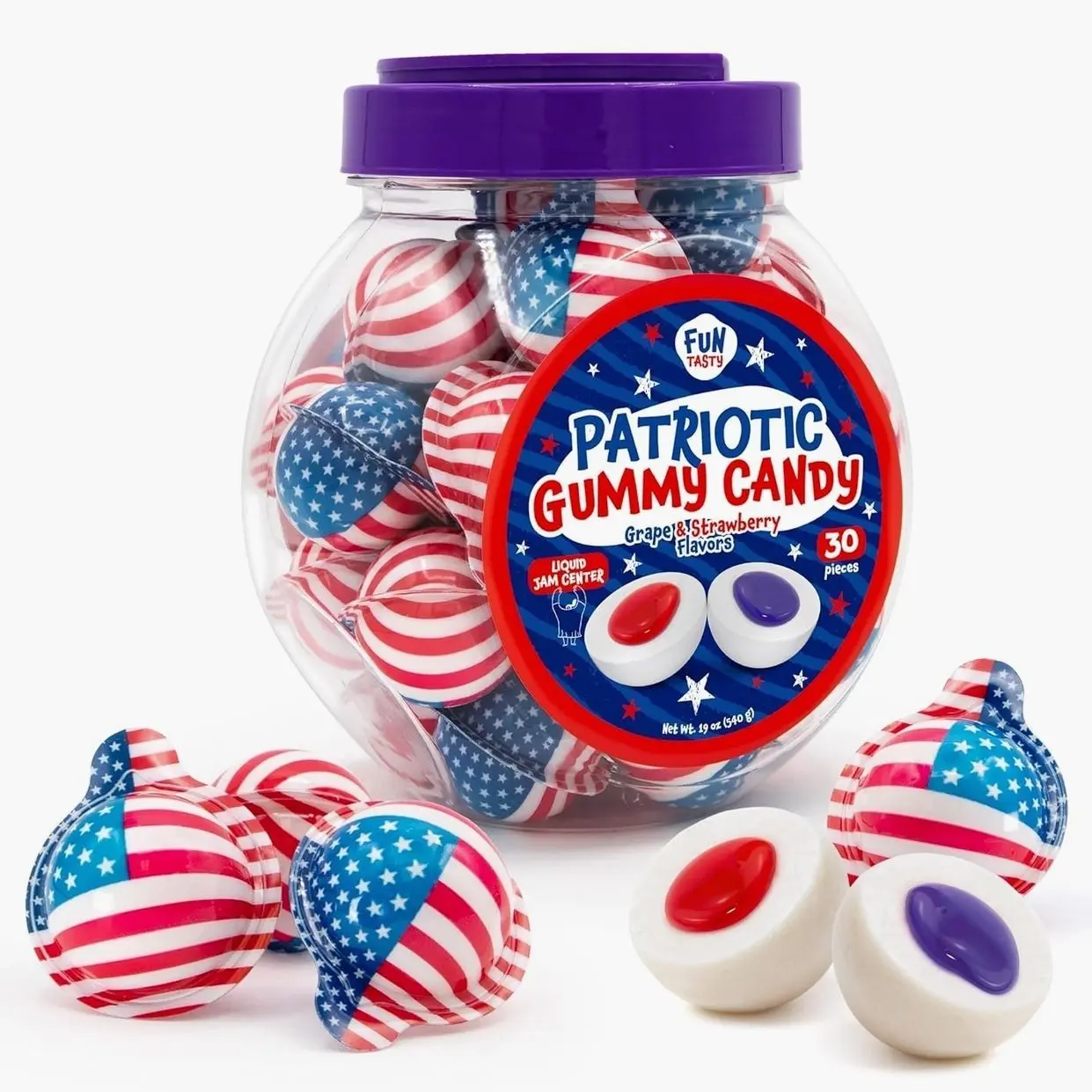 Patriotic Candy - Gummy Balls - 30 Count - 19 Oz Jar - 4th of July Candy Individually Wrapped - Red White and Blue Gummy Candies - Strawberry & Grape Jam Center