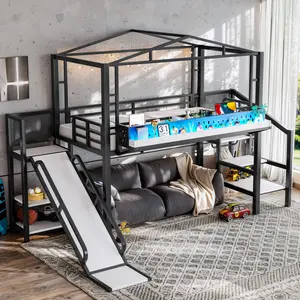 Twin Size House Loft Bed with Slide and LED Lights, Metal Loft Bed with Storage Stairs and Shelves, Heavy Duty Loft Beds with Wardrobe and Charging Station for Kids, Girls, Boys, Black