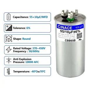 CINACE 55/10uF Dual Run Capacitor CBB65 for Air Conditioner AC Motor Fan Condenser HVAC Ice Maker 370/450VAC 50/60Hz