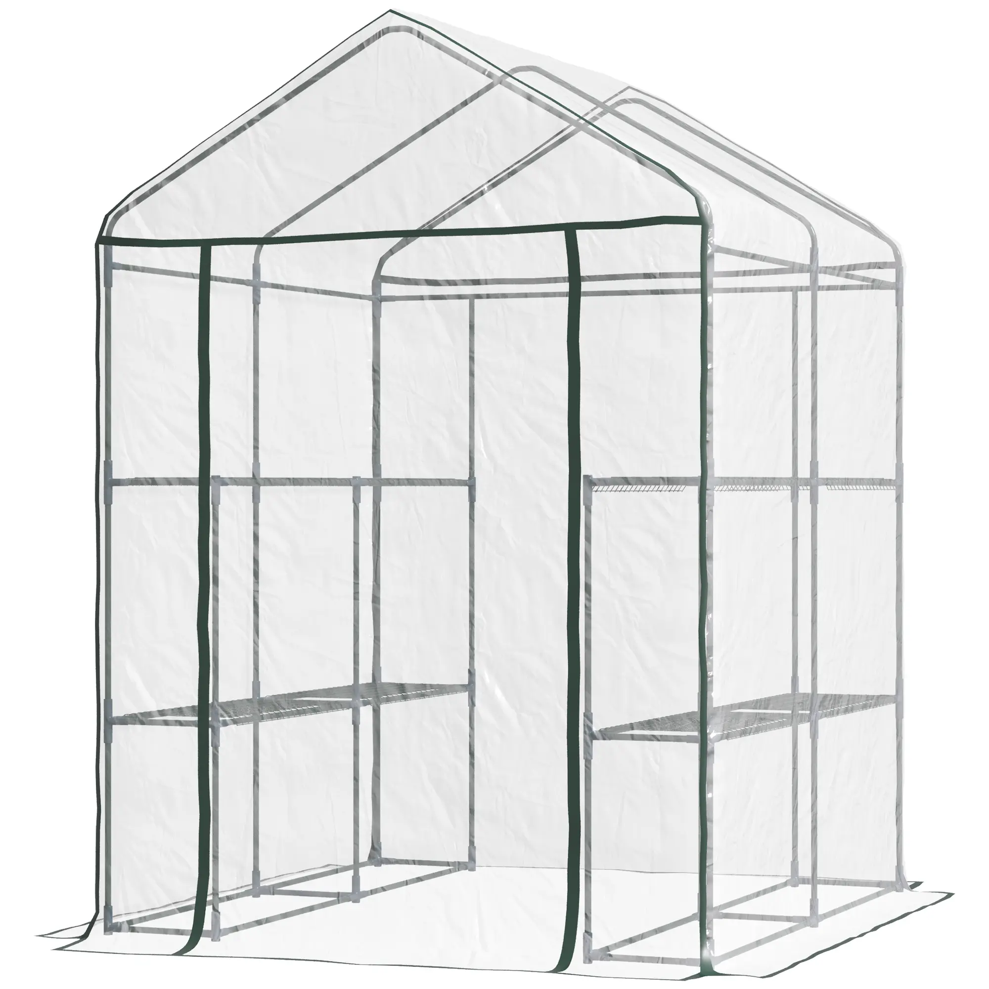 5x5x6 FT Walk-in Greenhouse Kit with 3 Shelves, Portable Garden Shelter with Roll-Up Door and Weatherproof PE Cover, Powder-Coated Steel Frame Resists Rust, Includes Ground Stakes & Tie-Down Ropes, Great for Small Backyards, Patios, and Balcony Gardening