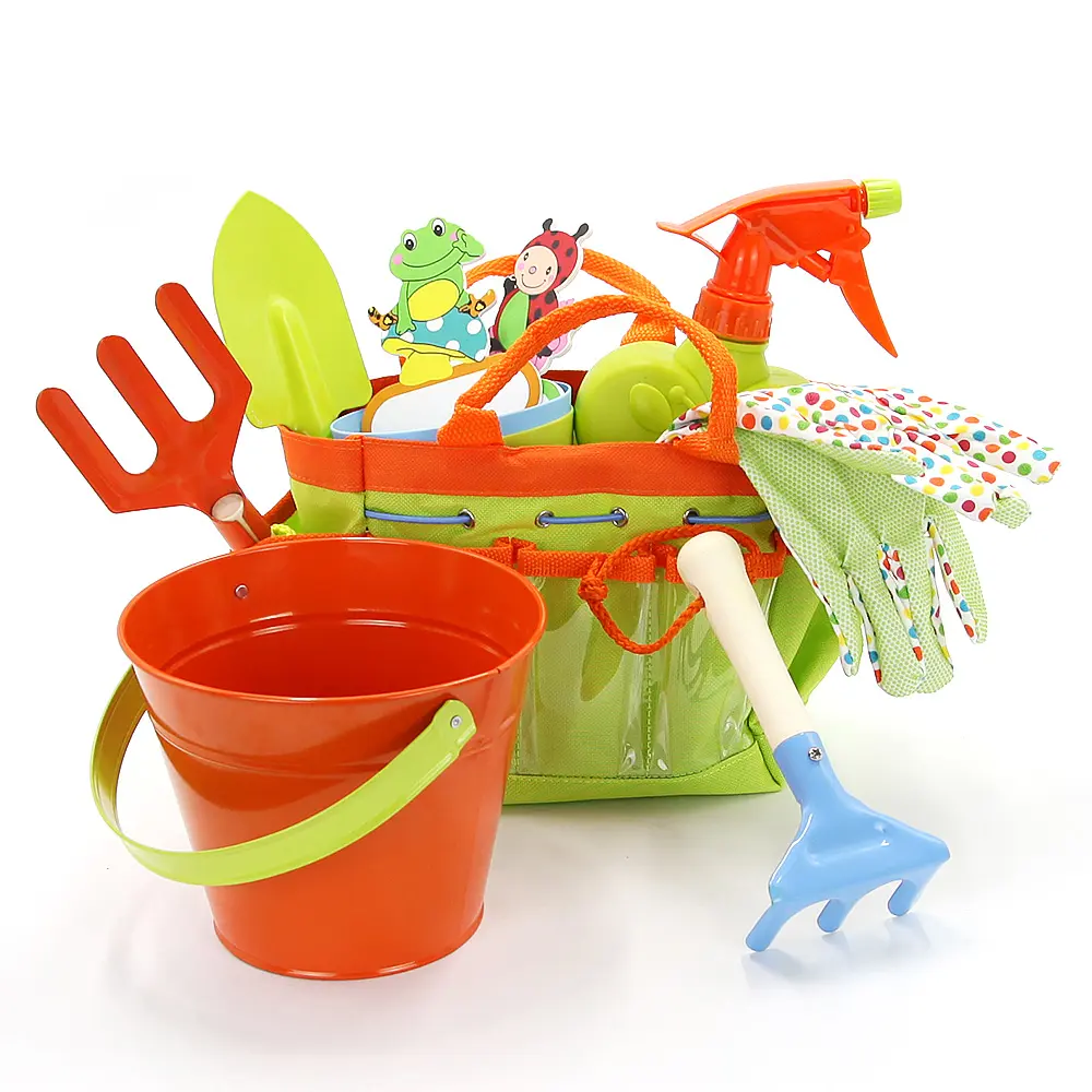 EFFUN Kids Outdoor Gardening Planting Play Set for 3-4 yrs - BPA-Free Safe Plastics, 22 oz Tote Bag, Spade, Watering Can, Rake, Fork, Planting Trowel, Gloves, STEM Toy, Fine Motor Practice, All-Seasons Animals & Nature Toy