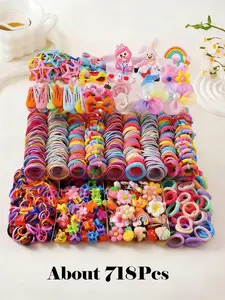 718pcs/Set Girls' Pink Bowknot Hair Clips, Cute Princess Hair Accessories, High Elastic Durable Non-Damaging Hair Ties, Hair Bands, Rabbit Ear Hair Rings, Versatile Duck Clip Barrettes, Suitable For Daily Use, Hair Accessories Sets