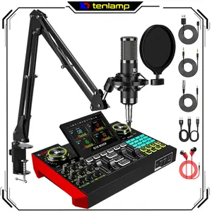 Tenlamp G10 Multi-Mode USB Audio Converter Complete Kit - Portable Live Audio Card with 2-Stage Noise Reduction, Dual Inputs, USB Port, Condenser Microphone, Boom Arm, OTG Cable, Plug-and-Play for Mobile/PC Live Streaming, Singing